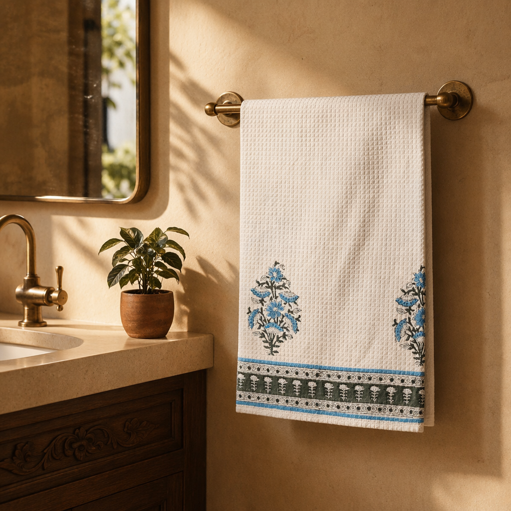 Block-Printed Waffle Hand-Printed Cotton Bath Towel, The Linen Room. Handmade in India by House of Taraasha.