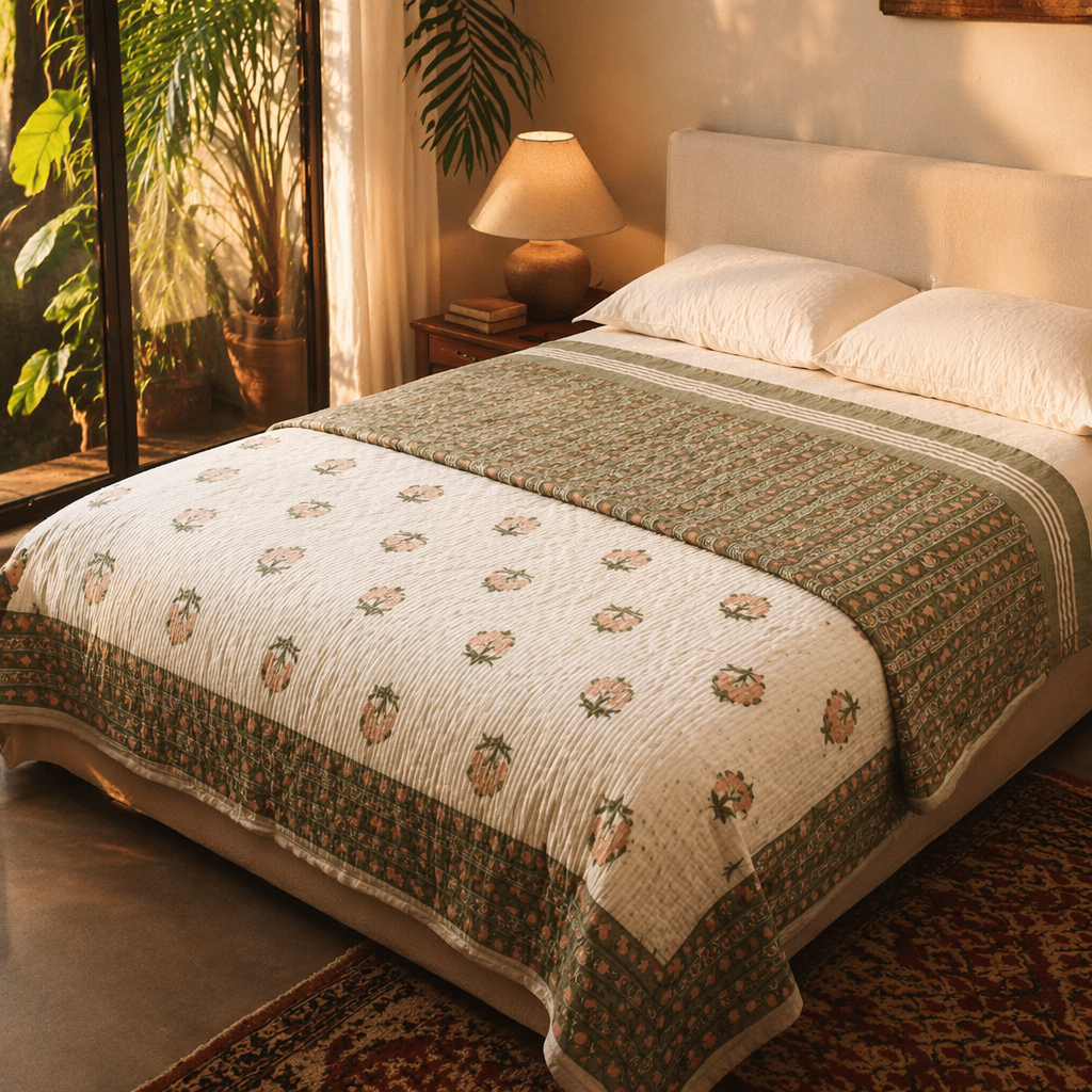 Dusty Pink & Green Reversible Mulmul Quilt, The Linen Room. Handmade in India by House of Taraasha.