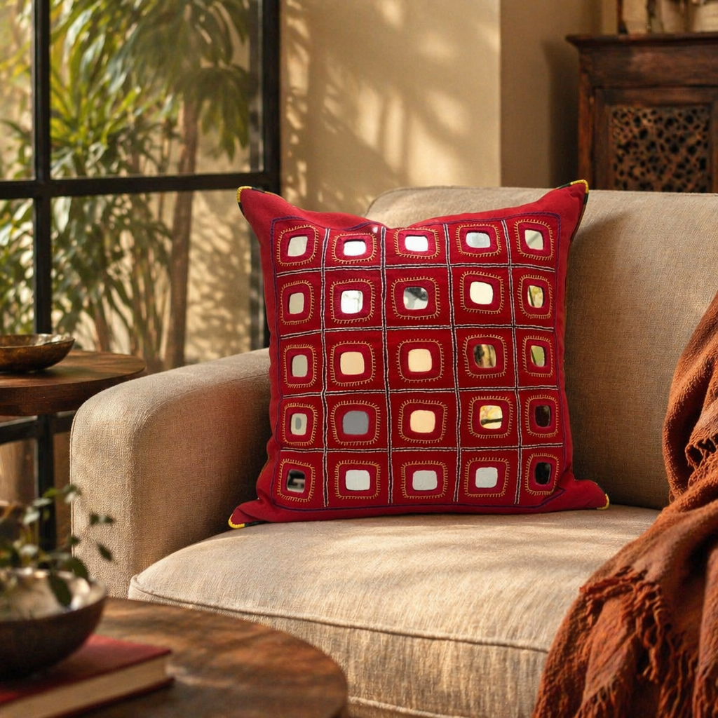 Lambani Mirror Work Hand-Embroidered Cotton Cushion Cover, The Living Room. Handmade in India by House of Taraasha.