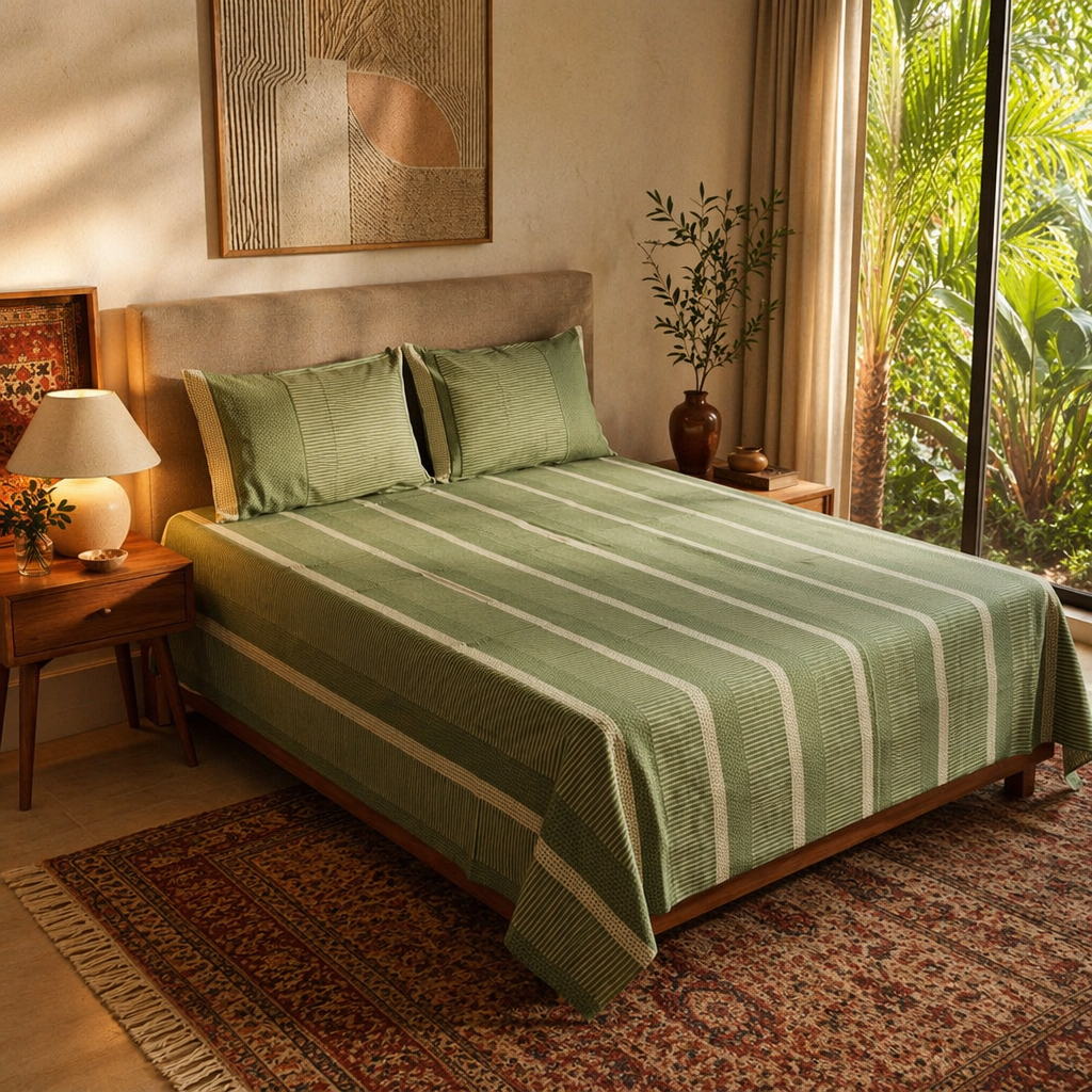 Sanganer Hand Block-Printed Cotton Bedsheet, Fern & Ivory, The Linen Room. Handmade in India by House of Taraasha.