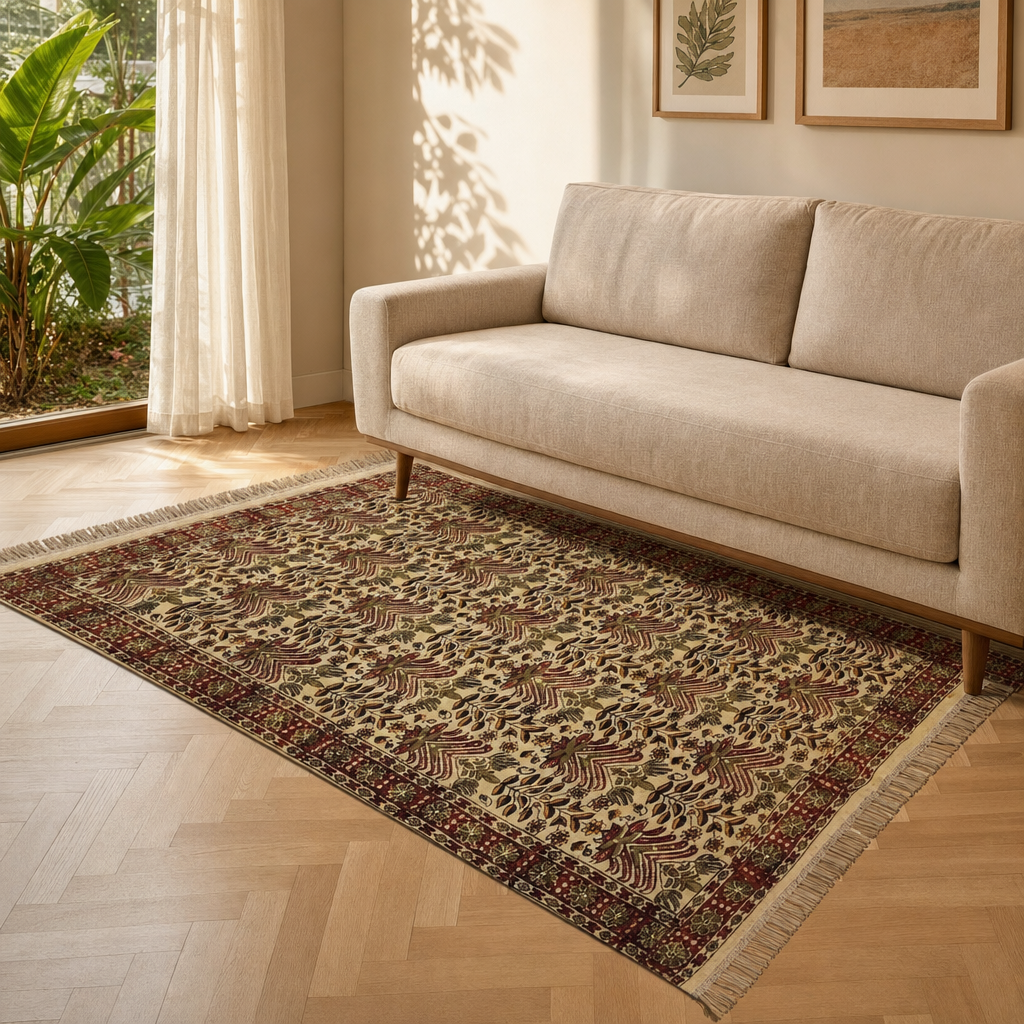 Kalamkari Floral Handwoven Block-Printed Cotton Rug in a modern home