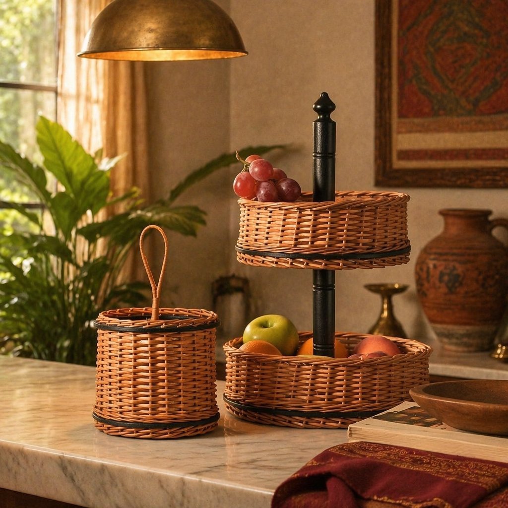 Kashmiri Willow Wicker Fruit Basket & Cutlery Holder, The Wicker House. Handmade in India by House of Taraasha.