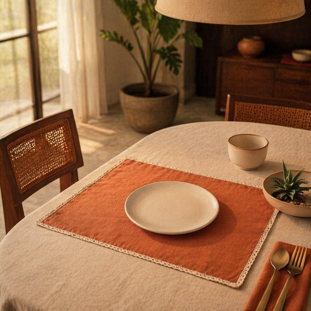 Crochet-Edged Table Mats Rust and Off-White, The Gathered Table. Handmade in India by House of Taraasha.