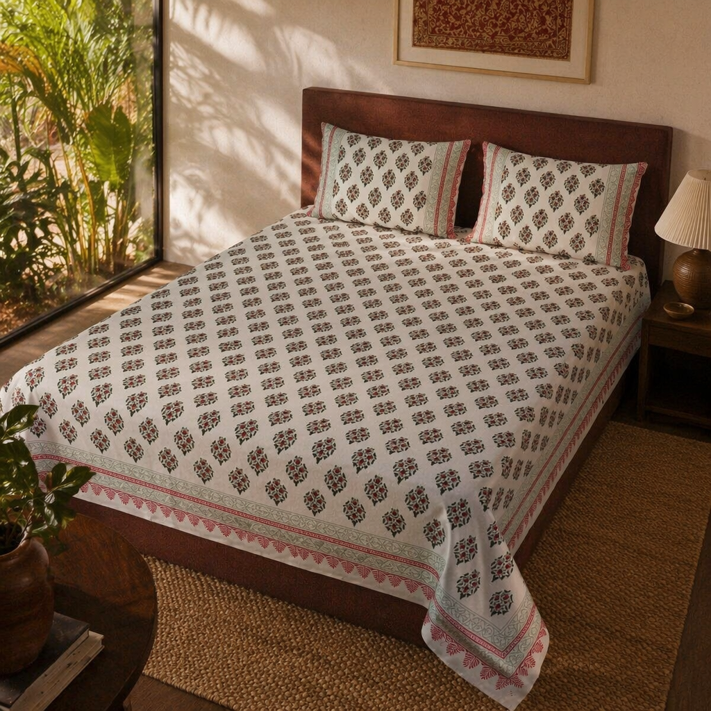 Jaipur Blooms 300 TC Block-Printed Cotton Bedsheet, The Linen Room. Handmade in India by House of Taraasha.