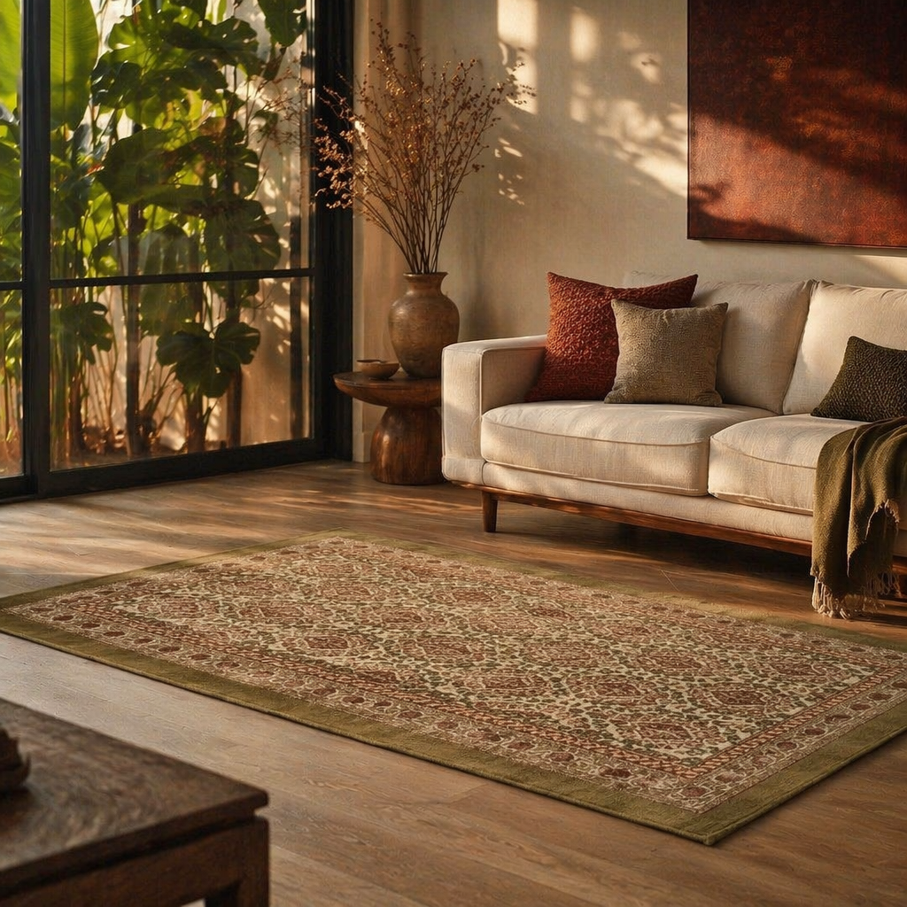 Ivory and Rust Hand Block-Printed Cotton Floor Rug, The Woven Floor. Handmade in India by House of Taraasha.