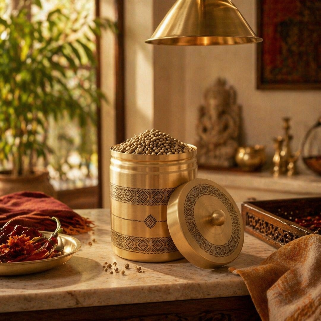 Kanjeevaram Brass Kitchen Jar Duo, The Brass Atelier. Handmade in India by House of Taraasha.