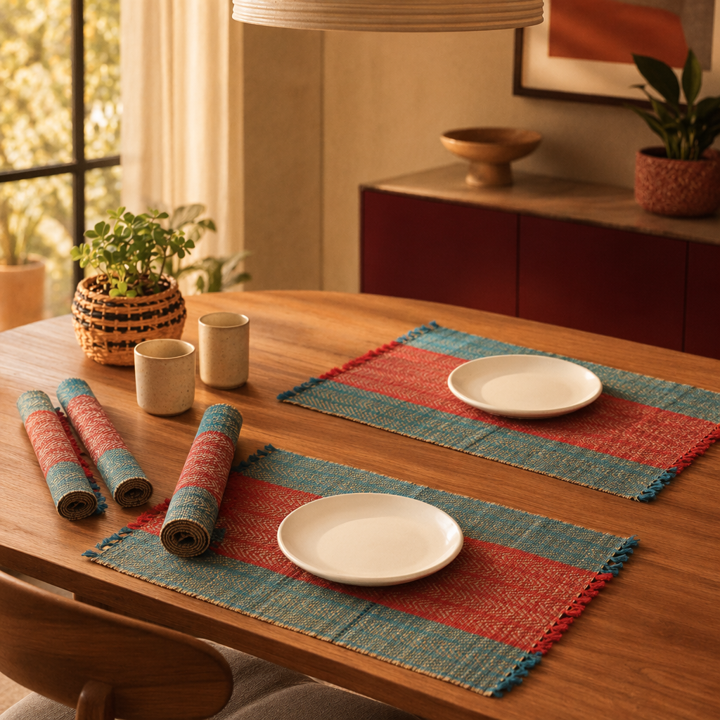 Crystal Teal & Red Madur Grass Table Mat, The Gathered Table. Handmade in India by House of Taraasha.