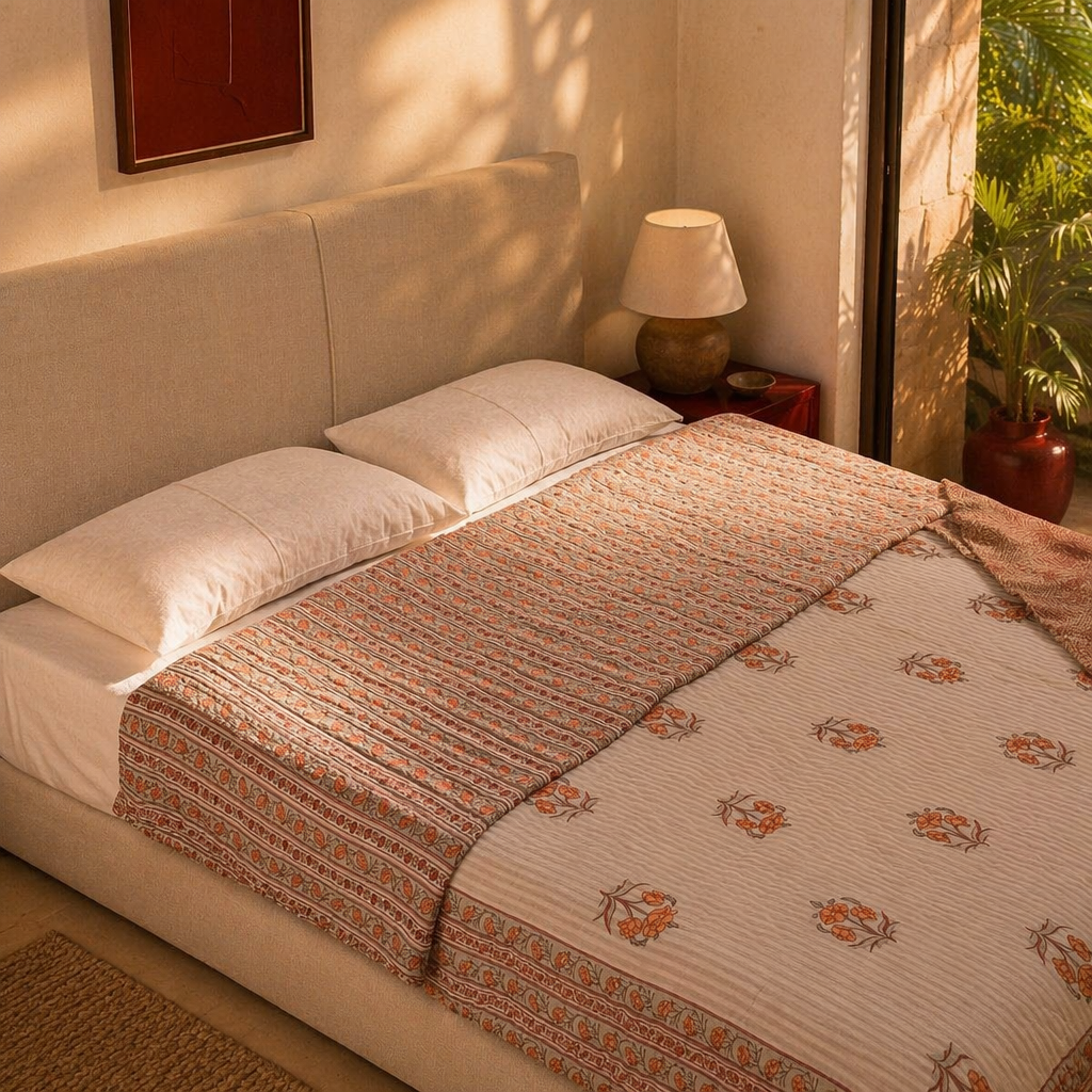 Dusty Pink Floral & Geometric Mulmul Quilt, The Linen Room. Handmade in India by House of Taraasha.