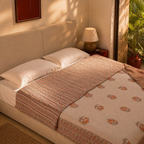 Dusty Pink Floral & Geometric Mulmul Quilt, The Linen Room. Handmade in India by House of Taraasha.
