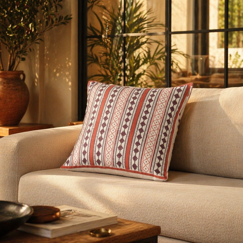 Maroon & Black Hand Block-Printed Cotton Cushion Cover, The Living Room. Handmade in India by House of Taraasha.
