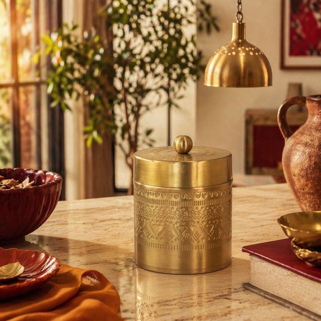 Moradabad Floral-Etched Pure Brass Dabba, The Brass Atelier. Handmade in India by House of Taraasha.