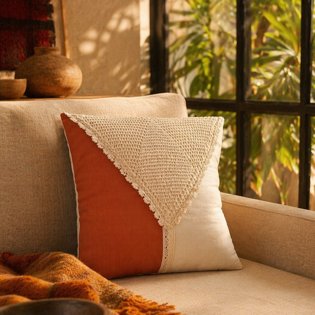 Crochet-Flap Rust and Off-White Cotton Cushion Cover, The Living Room. Handmade in India by House of Taraasha.