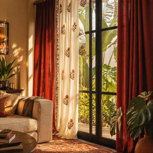 Chintz Assorted Set Off-White, Brick Red and Navy Cotton Curtains, The Draped Window. Handmade in India by House of Taraasha.