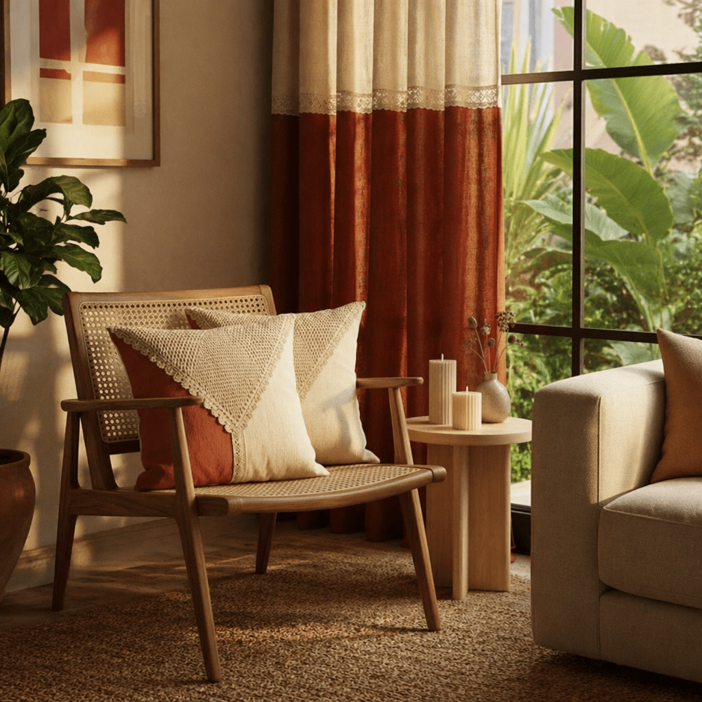 Rust & Off-White Reversible Cotton Curtain & Cushion Set, The Draped Window. Handmade in India by House of Taraasha.
