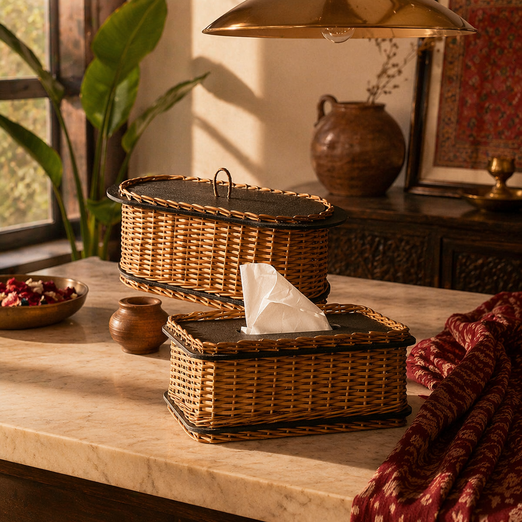 Kashmiri Willow Wicker Bread Box & Tissue Holder, The Wicker House. Handmade in India by House of Taraasha.