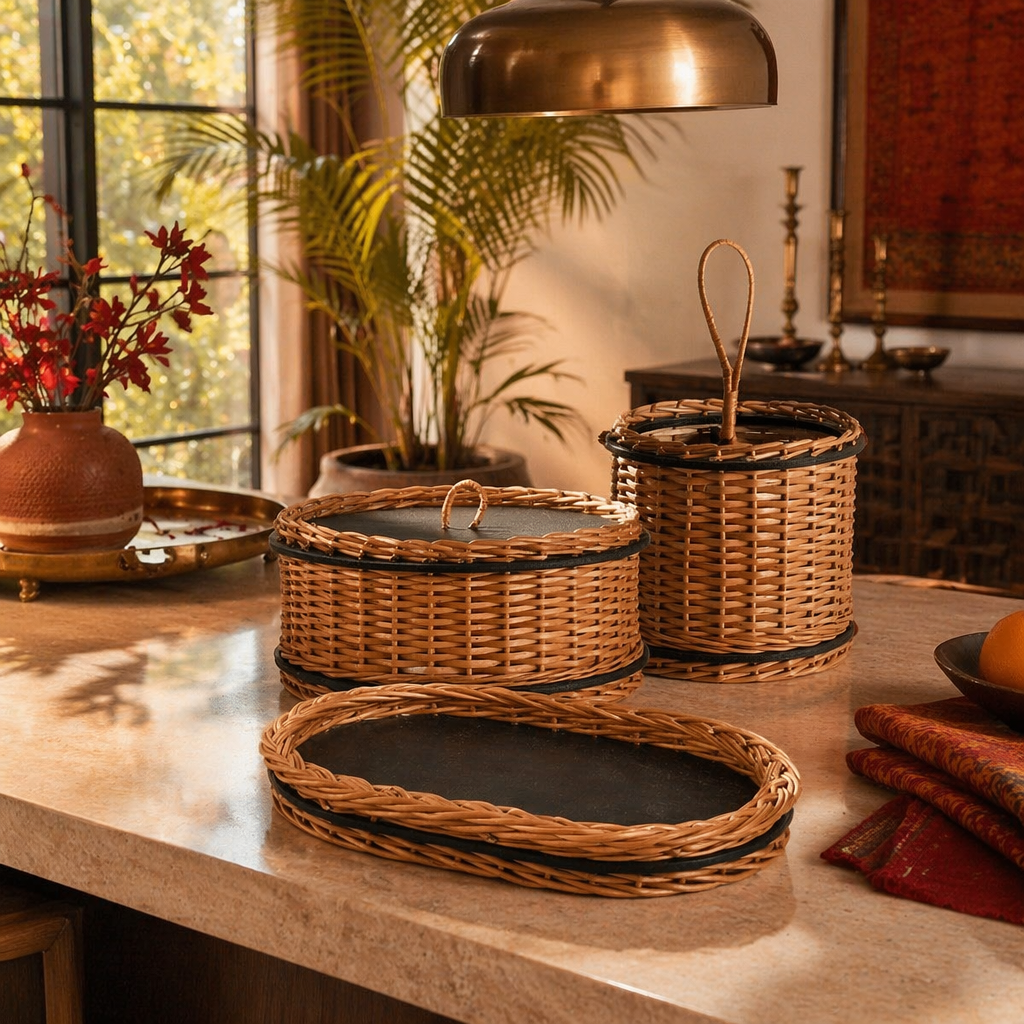 Kashmir Willow Storage Box, Tray & Cutlery Caddy, The Brass Atelier. Handmade in India by House of Taraasha.