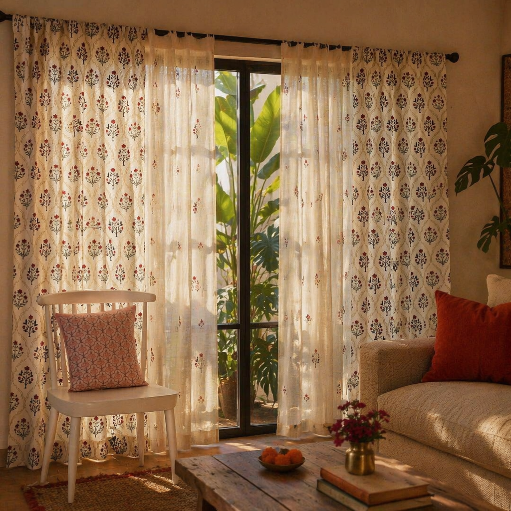 Royal Courtyards Rust & Maroon Printed-Sheer Set of Four, The Draped Window. Handmade in India by House of Taraasha.