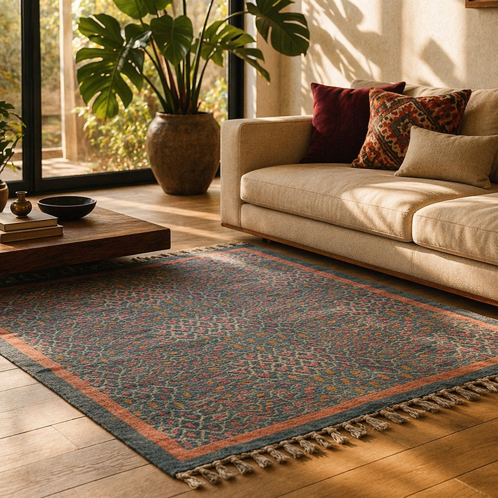Vintage Chintz Hand Block-Printed Coral Floral Rug, The Woven Floor. Handmade in India by House of Taraasha.