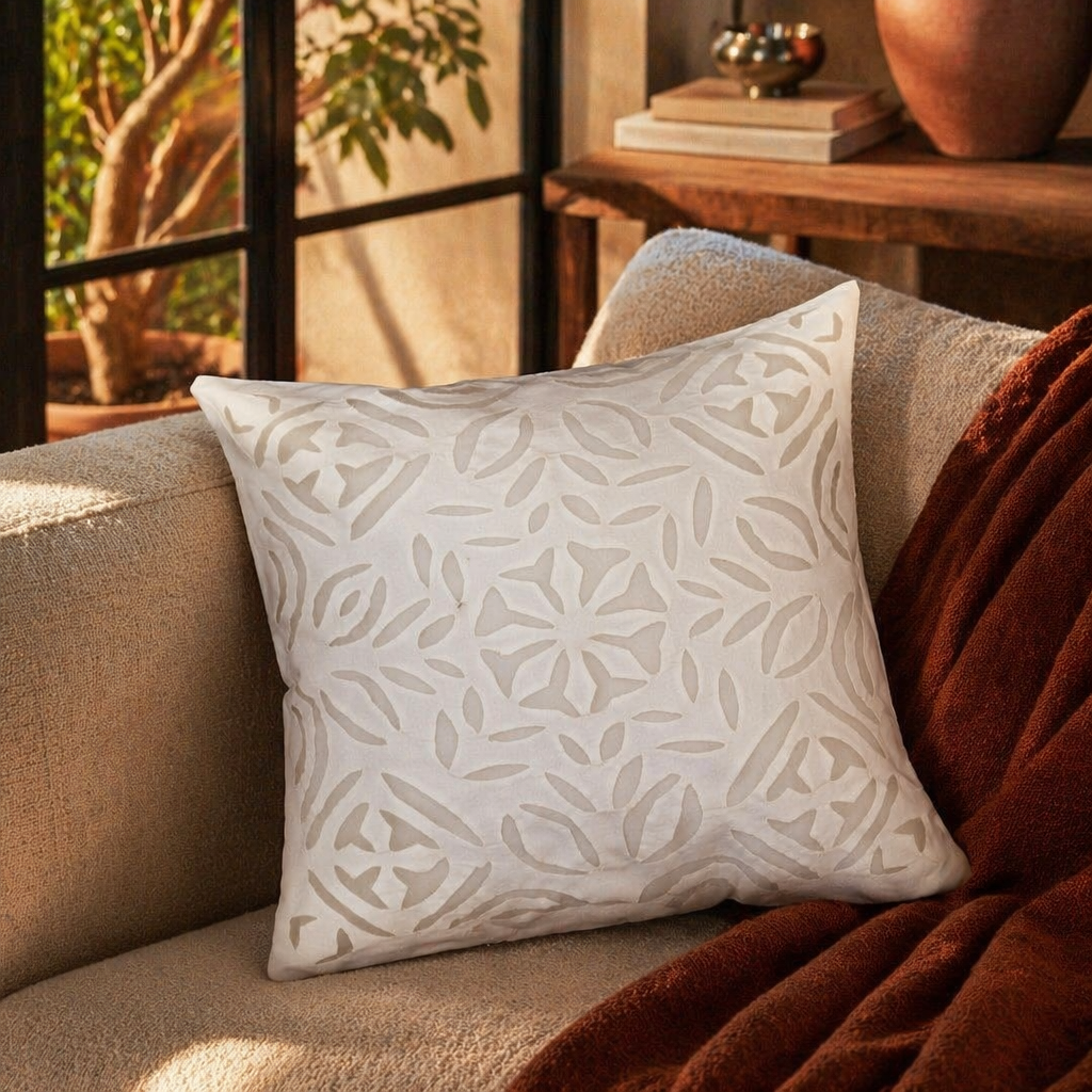 Gudri Cutwork Off-White Cotton Cushion Cover, The Living Room. Handmade in India by House of Taraasha.