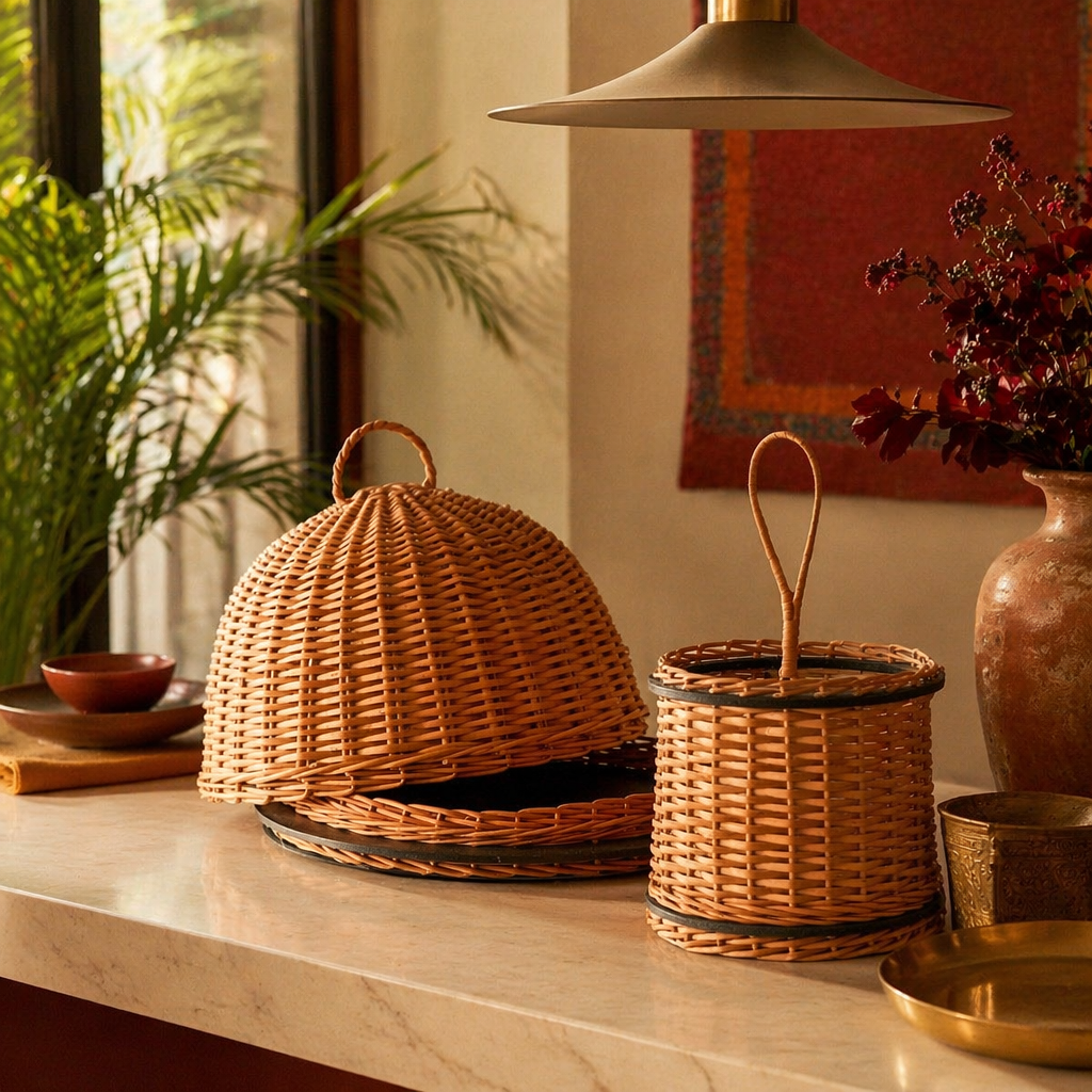 Kashmir Willow Cloche Platter & Cutlery Caddy, The Wicker House. Handmade in India by House of Taraasha.