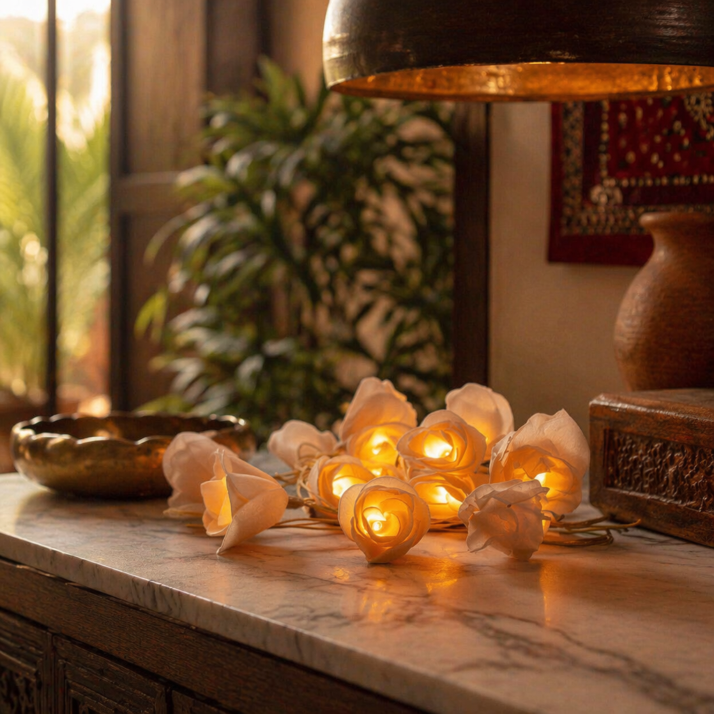 Malakar Shola Flower LED String Lights, Still Light. Handmade in India by House of Taraasha.
