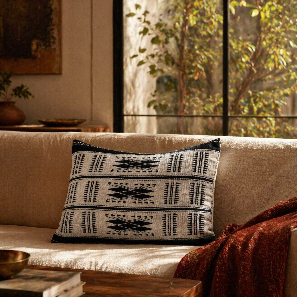 Naga Monochrome Backstrap-Loom Woven Rectangular Cushion Cover, The Living Room. Handmade in India by House of Taraasha.