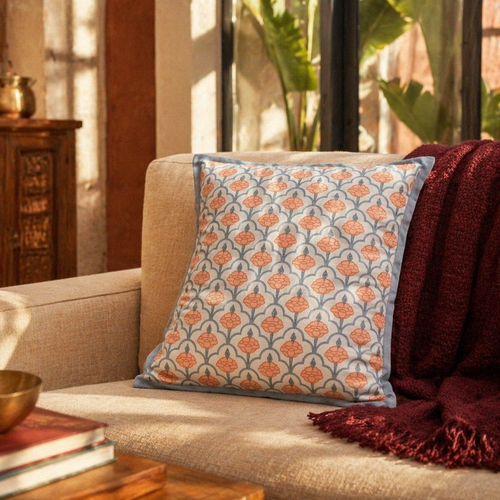 Blue and Dusty Pink Jaali Courtyards Cushion Cover, The Living Room. Handmade in India by House of Taraasha.