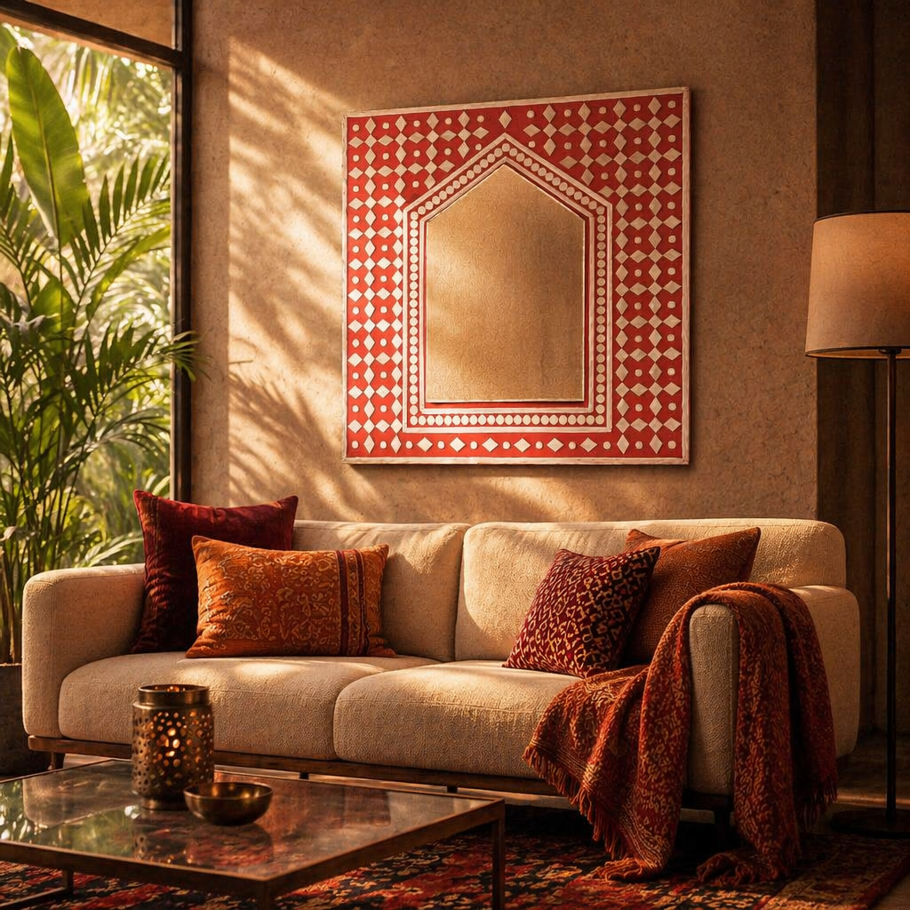 Brick Red Lippan Mirror Kutch Mud and Glass, The Art Wall. Handmade in India by House of Taraasha.