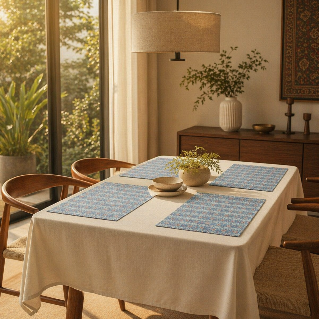 Blue & Dusty Pink Floral Cotton Table Mat, The Gathered Table. Handmade in India by House of Taraasha.