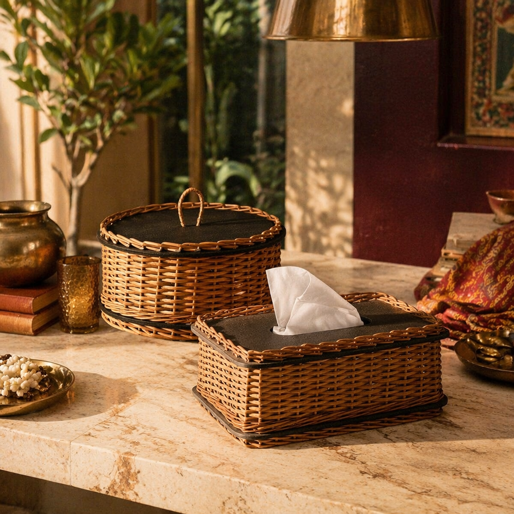 Kashmir Willow Storage Box & Tissue Box, The Wicker House. Handmade in India by House of Taraasha.