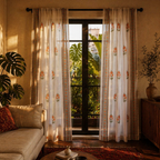 Mulmul Sheer Hand-Printed Green and Dusty Pink Curtain, The Draped Window. Handmade in India by House of Taraasha.