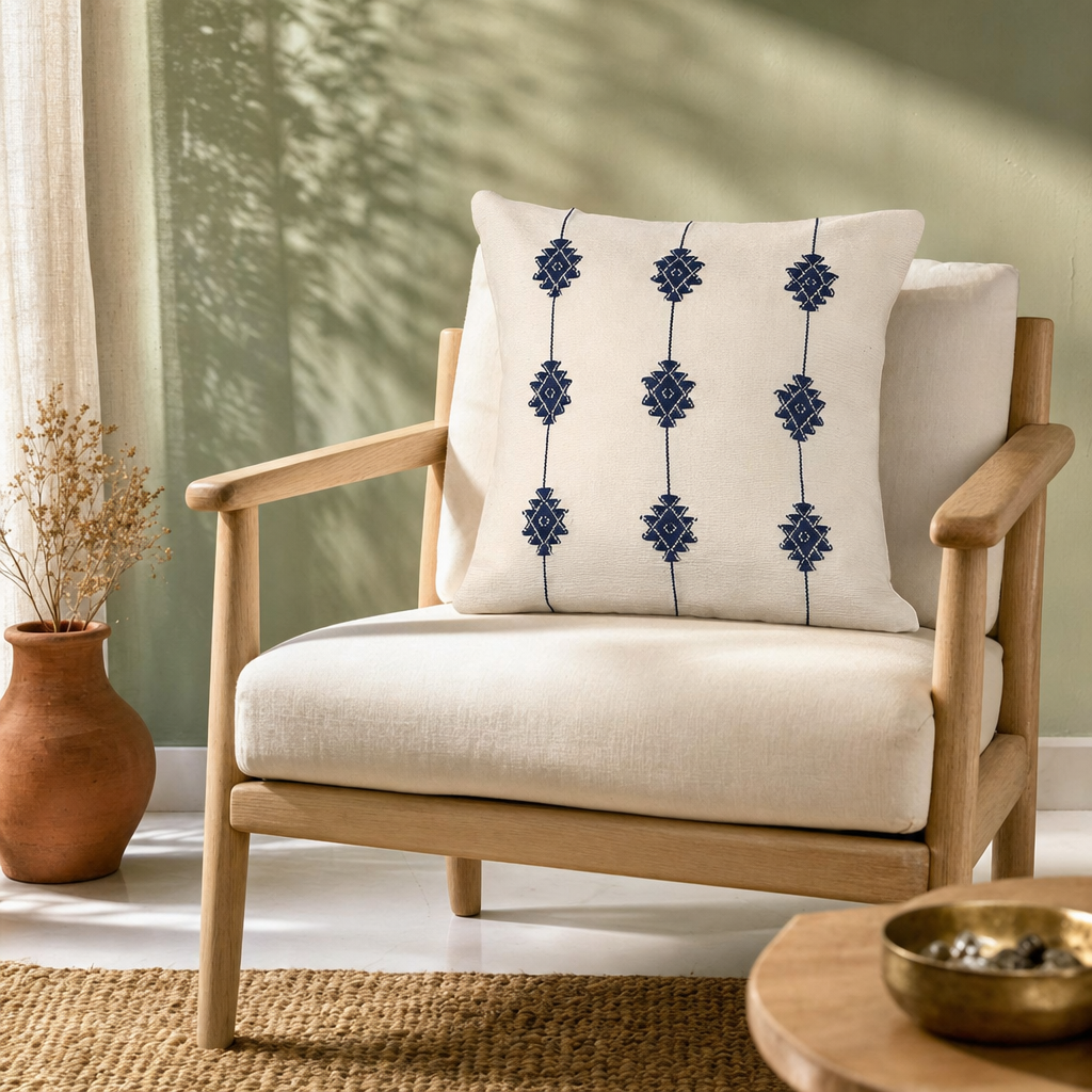 Naga Indigo Bloom Backstrap-Loom Floral Cushion Cover in a modern home