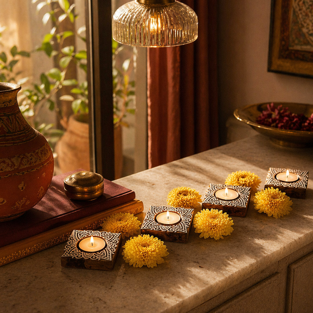 Carved Diya Hand-Engraved Wooden Tea Lights, Still Light. Handmade in India by House of Taraasha.