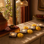 Carved Diya Hand-Engraved Wooden Tea Lights, Still Light. Handmade in India by House of Taraasha.
