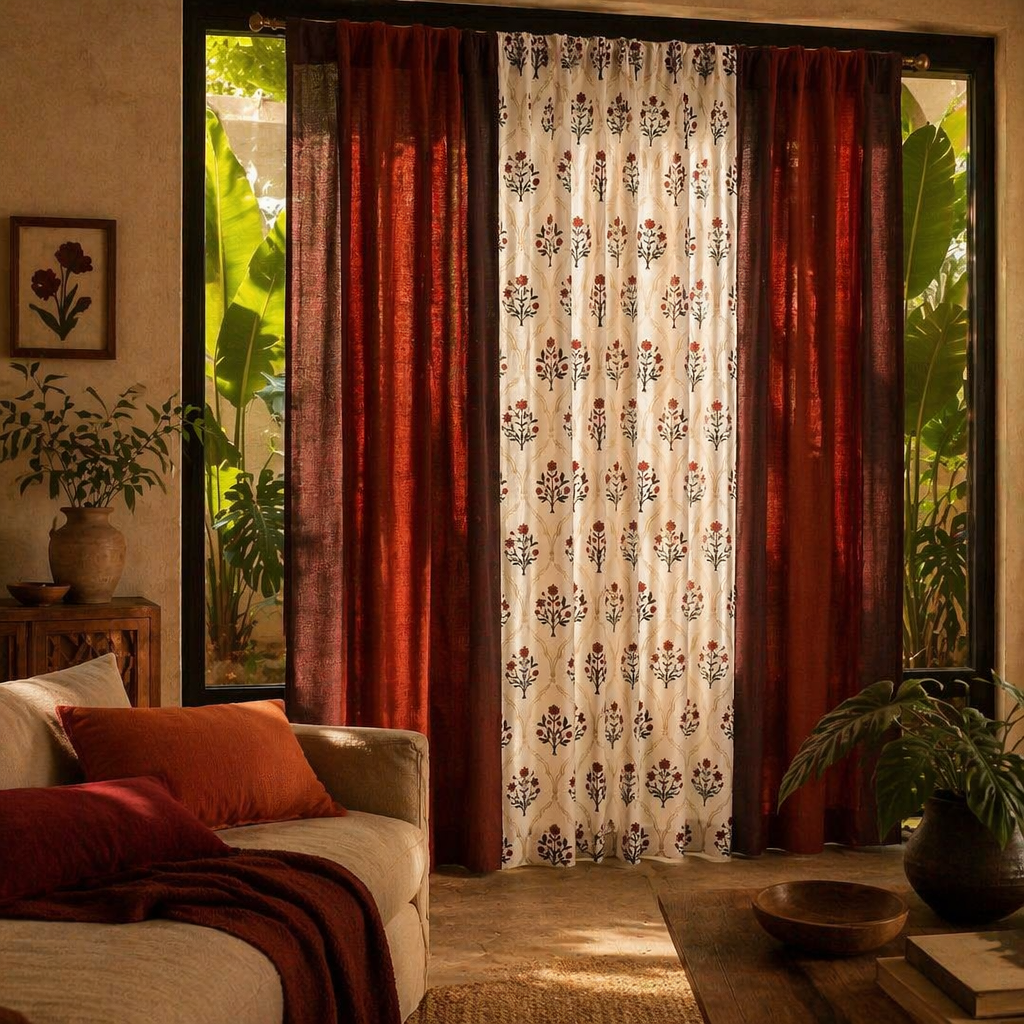 Royal Courtyards Rust & Maroon Woven-Printed Set of Three, The Draped Window. Handmade in India by House of Taraasha.