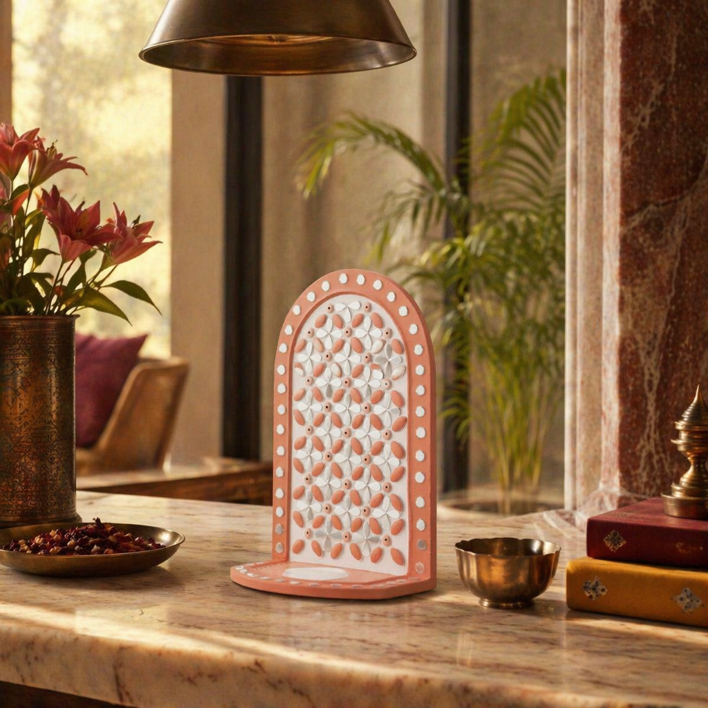 Dusty Pink Lippan Mud and Mirror Tea Light Holder, Still Light. Handmade in India by House of Taraasha.