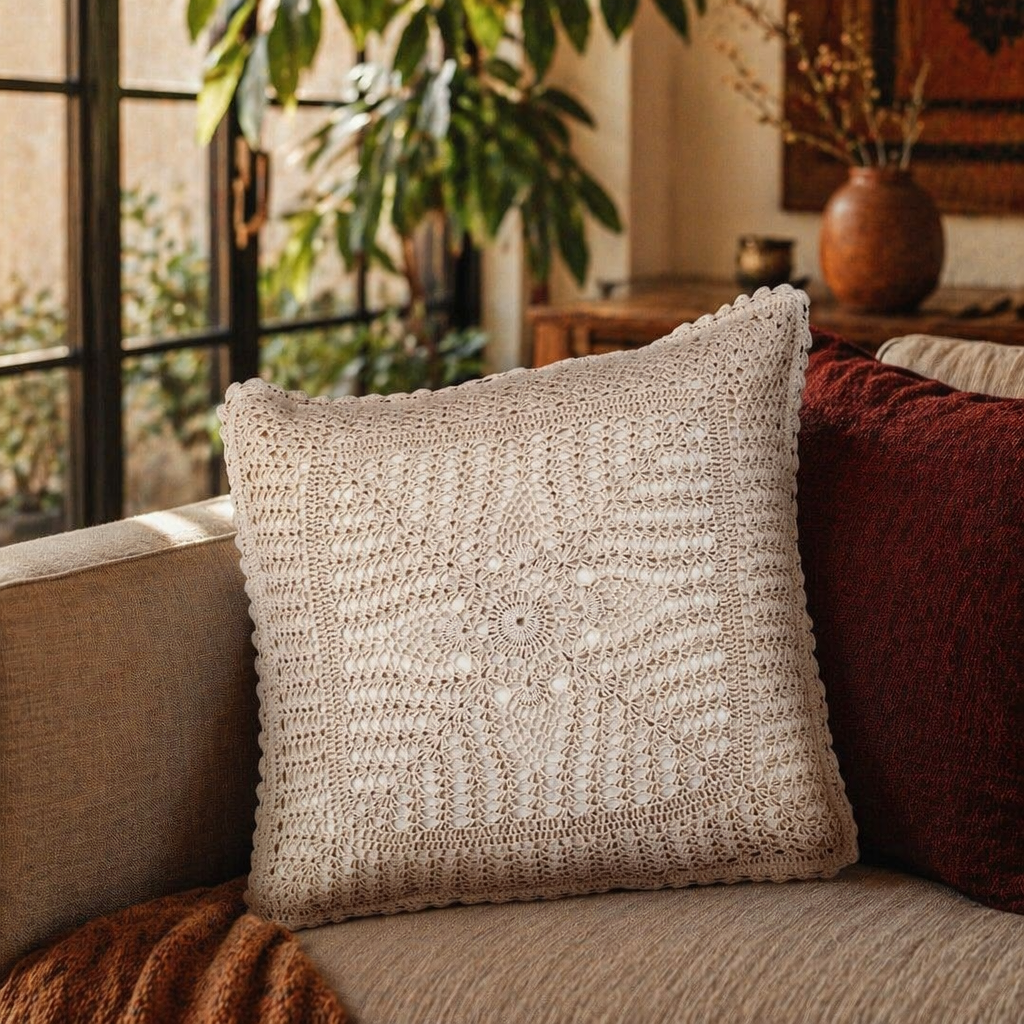 White Floret Handmade Crochet Cushion Cover, The Living Room. Handmade in India by House of Taraasha.