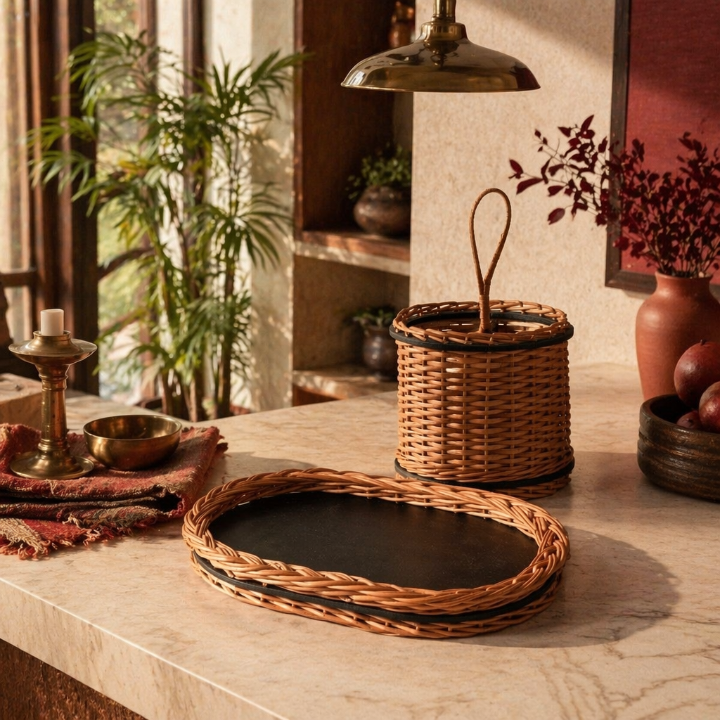 Kashmir Willow Serving Tray & Cutlery Caddy, The Brass Atelier. Handmade in India by House of Taraasha.