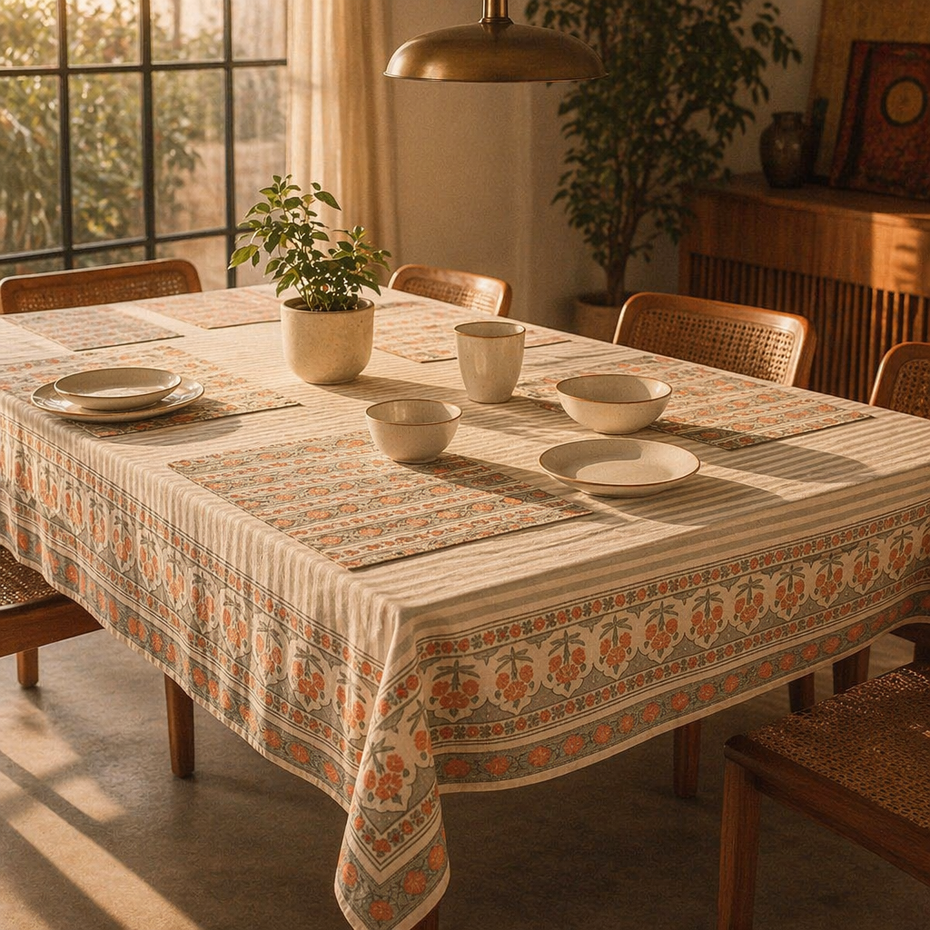 Green & Dusty Pink Floral Cotton Tablecloth & Mat Set, The Gathered Table. Handmade in India by House of Taraasha.