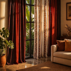 Chintz Assorted Set Off-White and Brick Red Cotton Curtains, The Draped Window. Handmade in India by House of Taraasha.