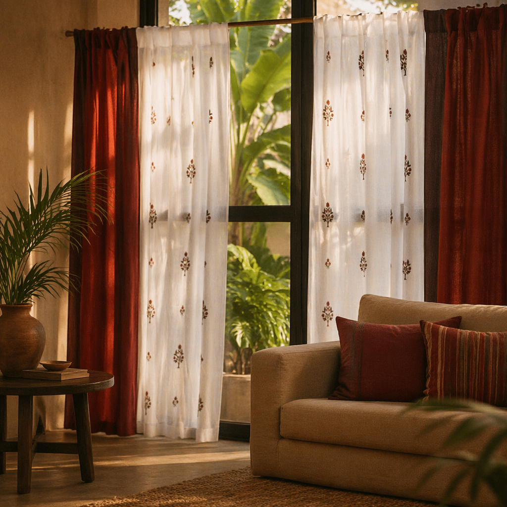 Royal Courtyards Rust & Maroon Woven-Sheer Curtain Set of Four, The Draped Window. Handmade in India by House of Taraasha.