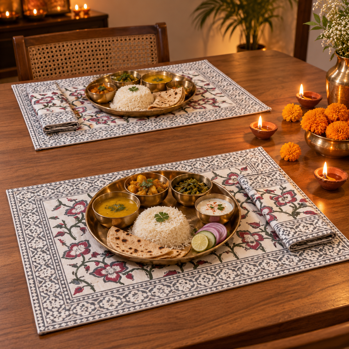 Maroon and Grey Floral Placemat and Napkin Set of 12, set for a Diwali meal with brass thalis and diyas
