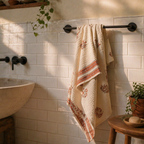 Block-Printed Off White and Peach Towel Set, The Linen Room. Handmade in India by House of Taraasha.