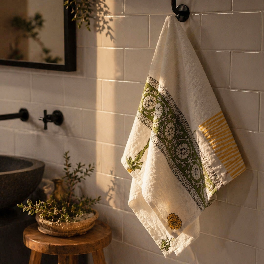 Marigold Pattern Hand Block-Printed Cotton Towels, The Linen Room. Handmade in India by House of Taraasha.