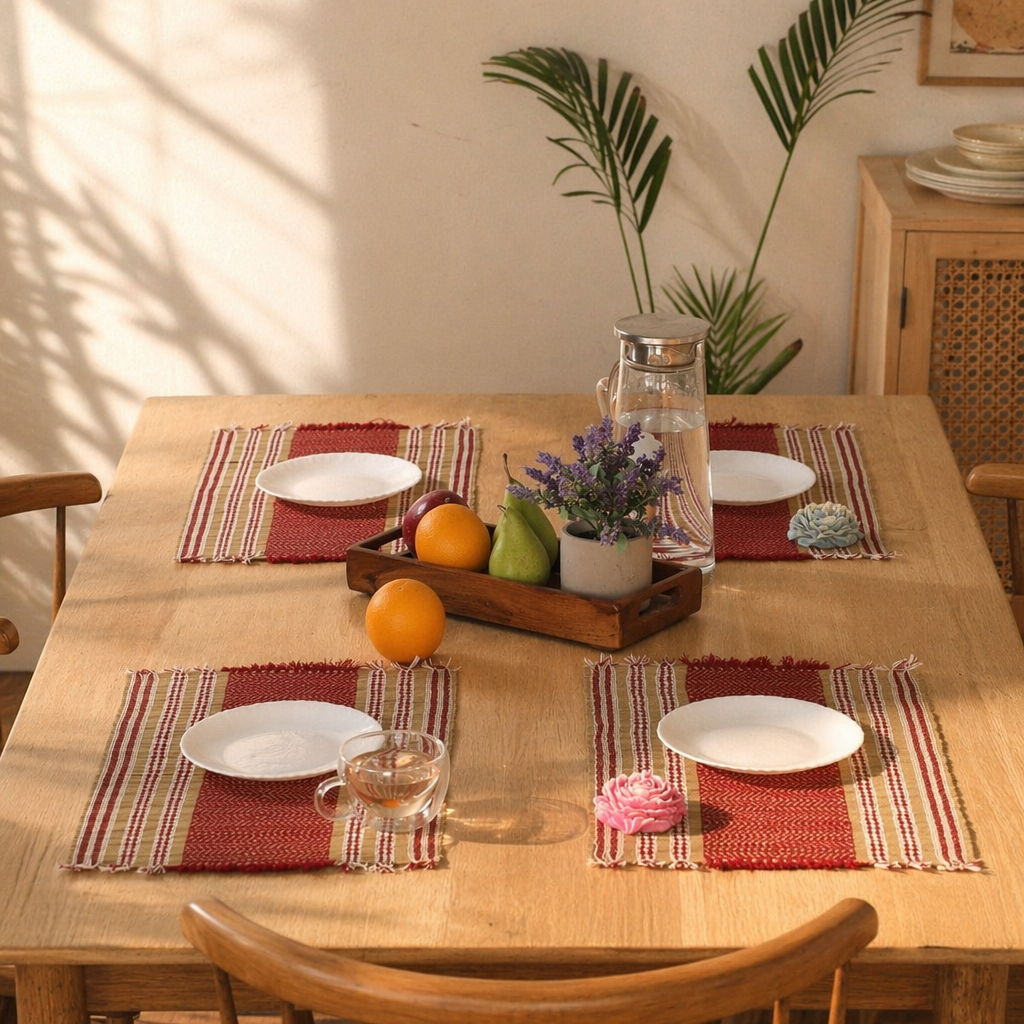 Madur Grass Woven Table Mats Maroon, The Gathered Table. Handmade in India by House of Taraasha.