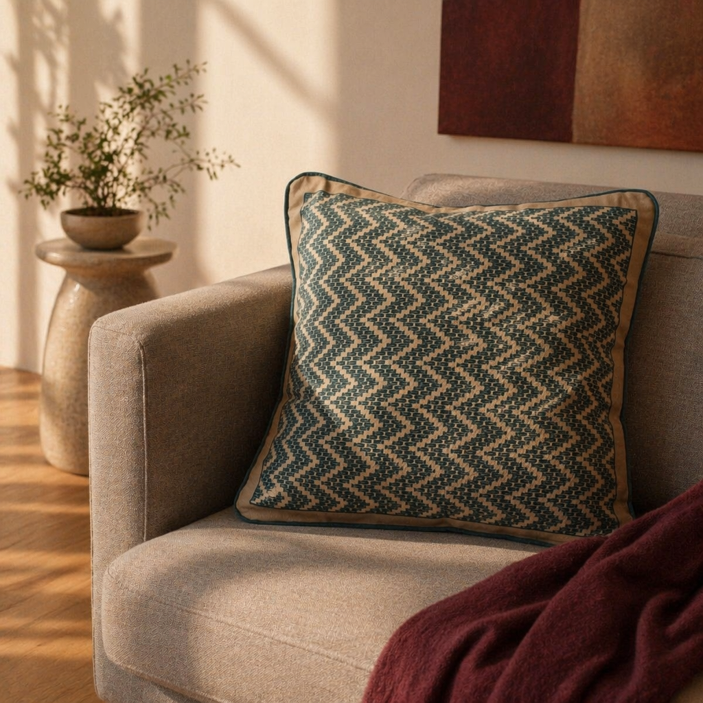Ivory and Navy Chintz Chevron Cotton Cushion Cover. Handmade in India by House of Taraasha.