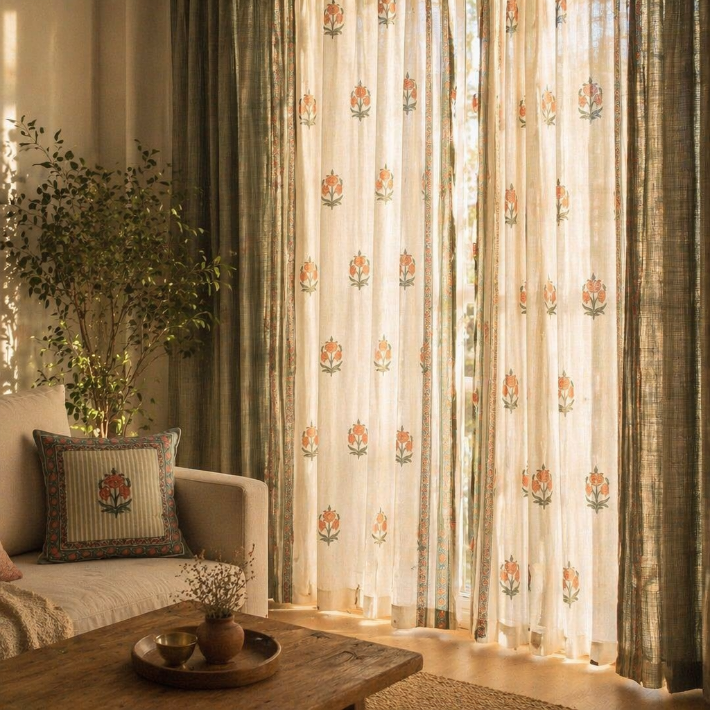 Royal Courtyards Green & Dusty Pink Woven-Sheer Set of Four, The Draped Window. Handmade in India by House of Taraasha.