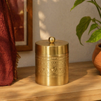 Moradabad Floral-Etched Pure Brass Dabba, Large, The Brass Atelier. Handmade in India by House of Taraasha.