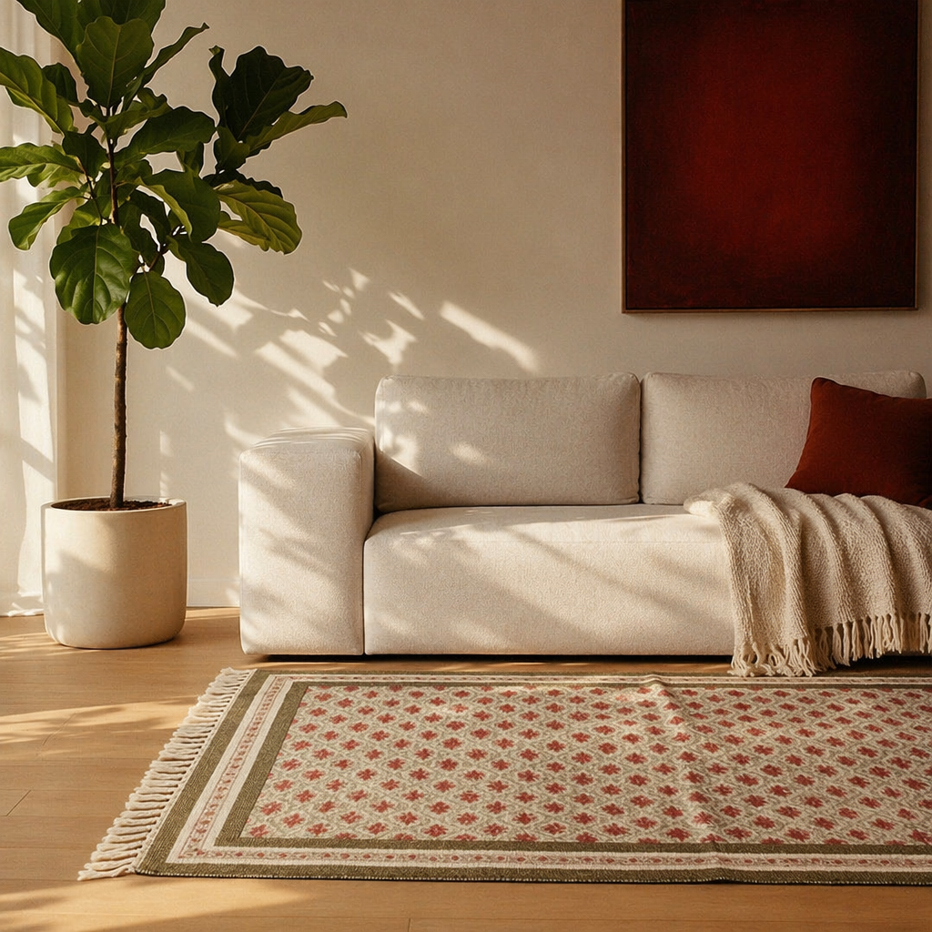 Green and Dusty Pink Royal Courtyards Floral Rug, The Woven Floor. Handmade in India by House of Taraasha.