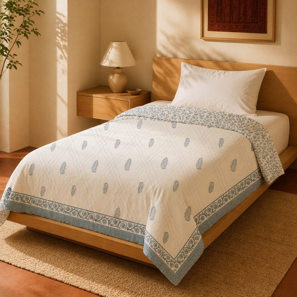 Sanganer Blue Mulmul Cotton Quilted Comforter, The Linen Room. Handmade in India by House of Taraasha.